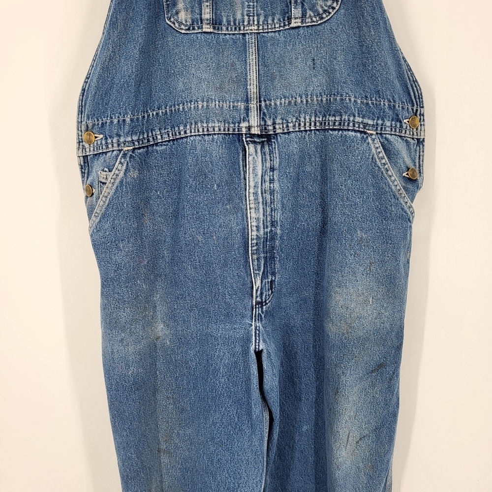 Vintage 90s Carhartt Loose Fit Denim Overalls Work Worn Distressed Blue 42 x 30 - Picture 4 of 15